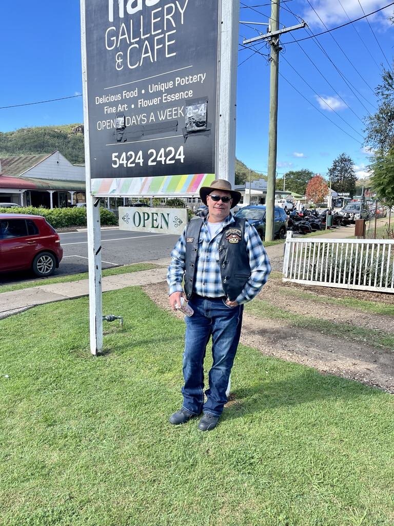 A rider outside Nash Gallery and Cafe in Esk