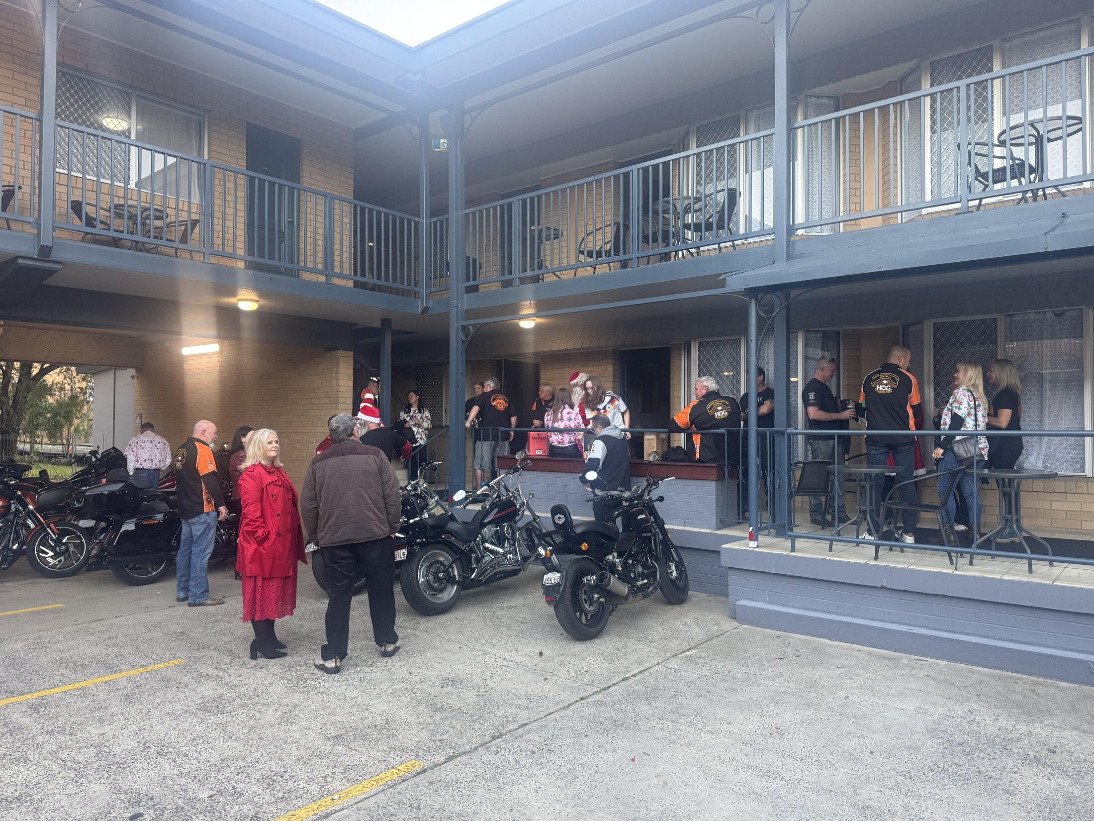 Harley-Davidson motorcycles parked at the Grafton accommodation during Christmas in July