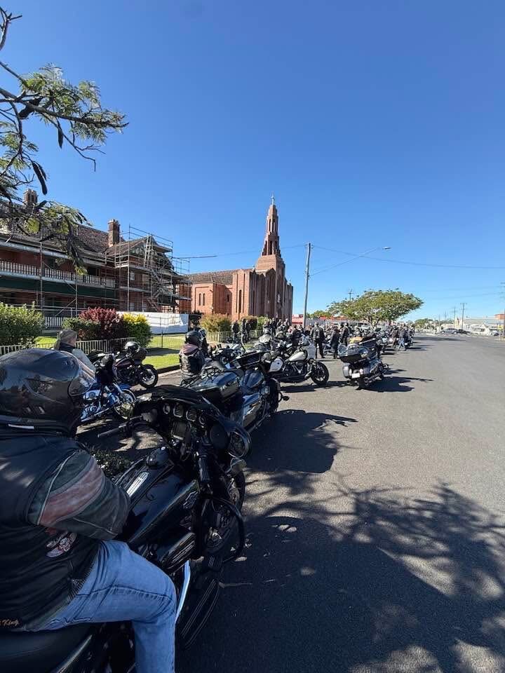 Harley-Davidson motorcycles parked during the ride through Murwillumbah