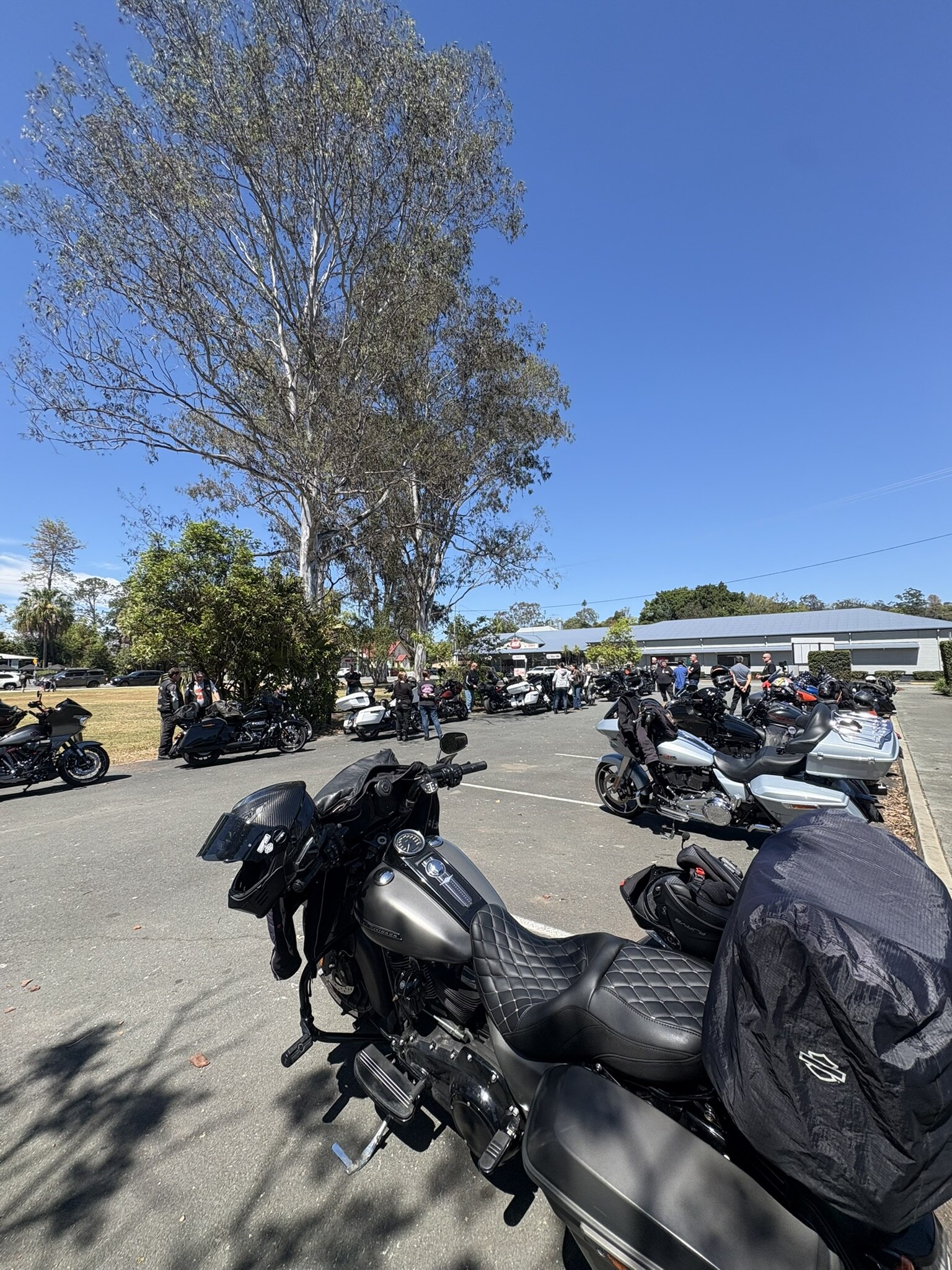Motorcycles parked at Dayboro during Saturday morning tea