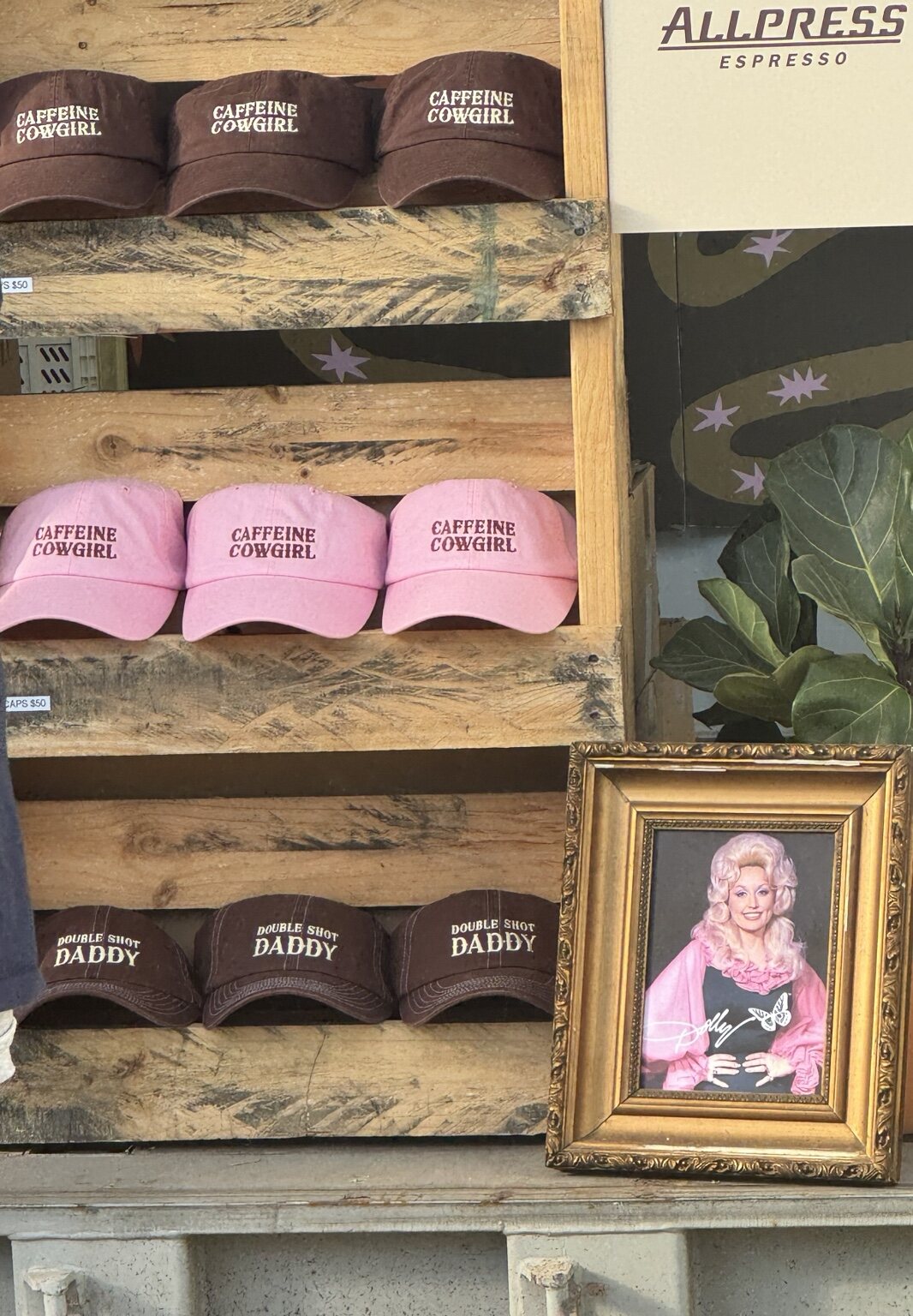 Country-themed hats at a festival stall