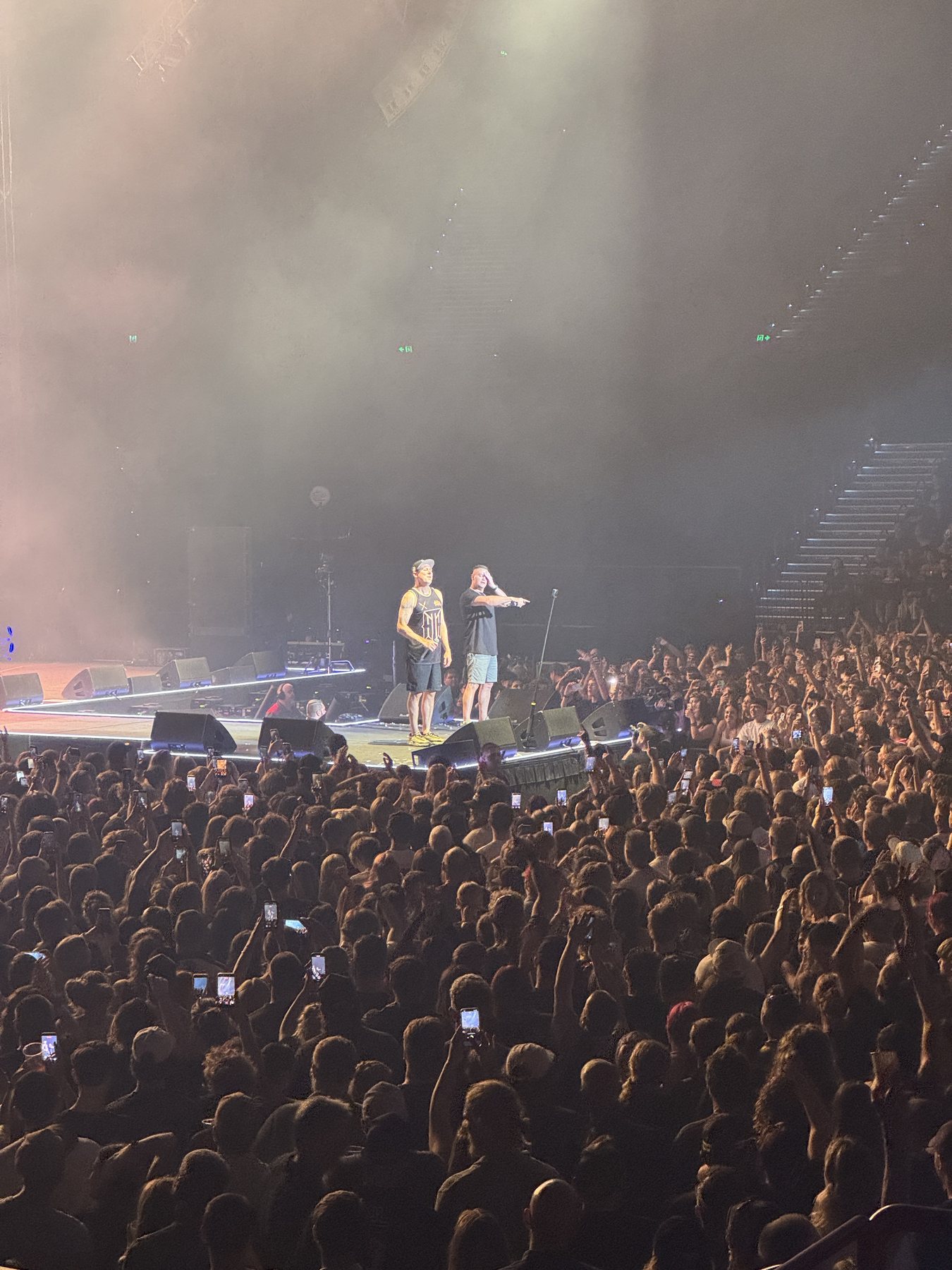 Hilltop Hoods performers standing above a packed crowd